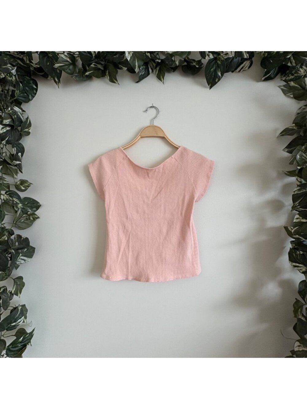 Aerie Short Sleeve Scoop Neck Ribbed Cropped Shirt Pink Women’s Size L